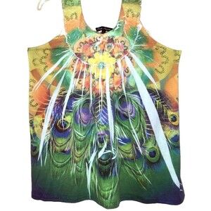 SIMPLY IRRESISTIBLE sz L Sleeveless Boho Tunic Top Crochet Ruched Peacock Hippie